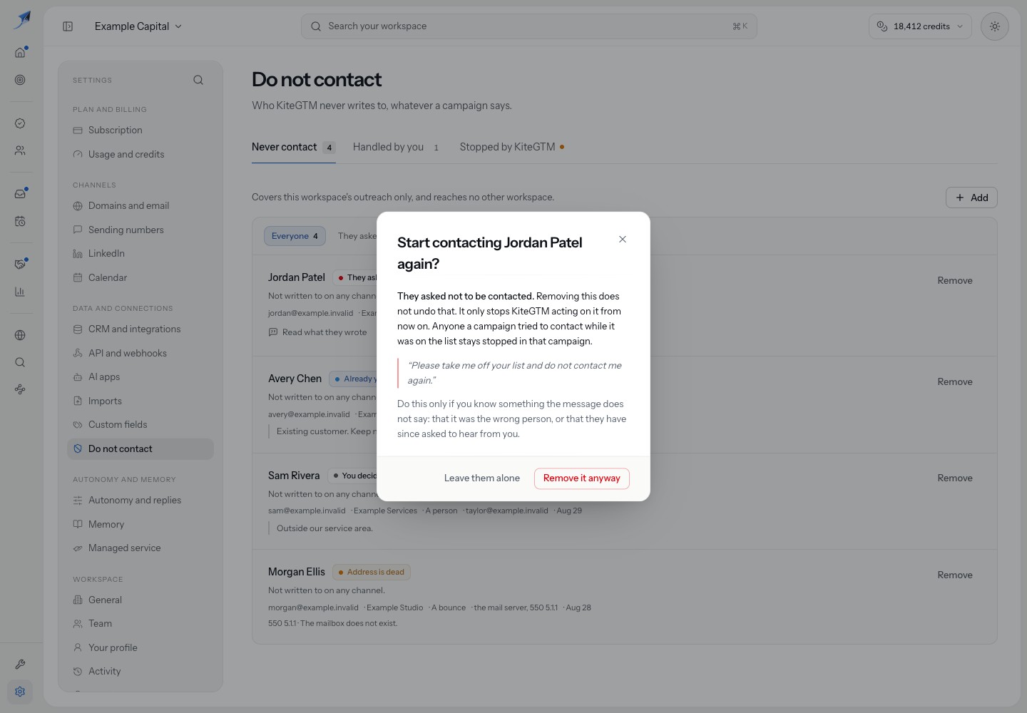 The removal dialog for Jordan Patel preserves the request not to be contacted, warns that removal does not restart stopped work and offers Leave them alone.