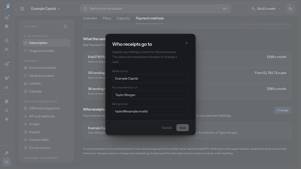 Who receipts go to shows company, contact name and billing email, with the explanation that a change affects future invoices rather than past receipts or cards.