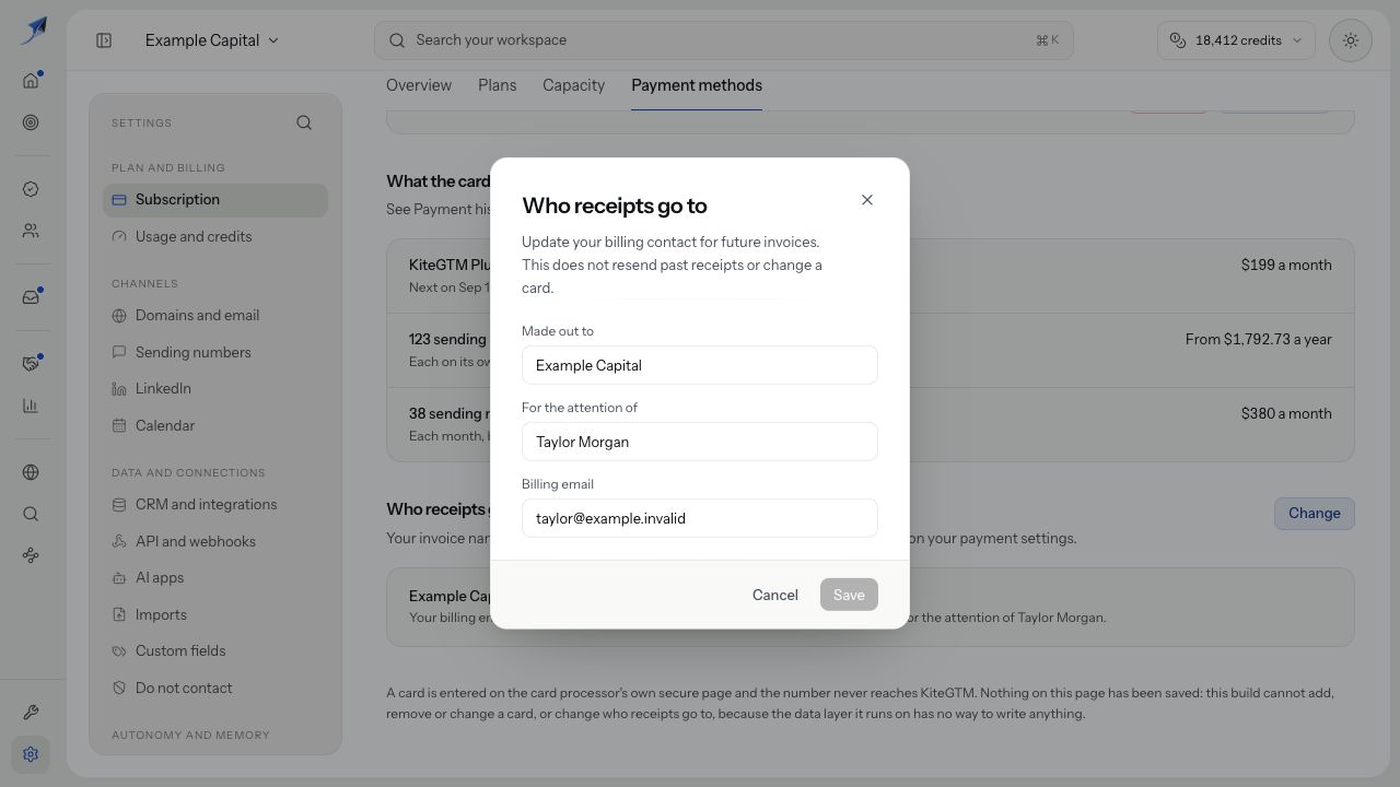 Who receipts go to shows company, contact name and billing email, with the explanation that a change affects future invoices rather than past receipts or cards.