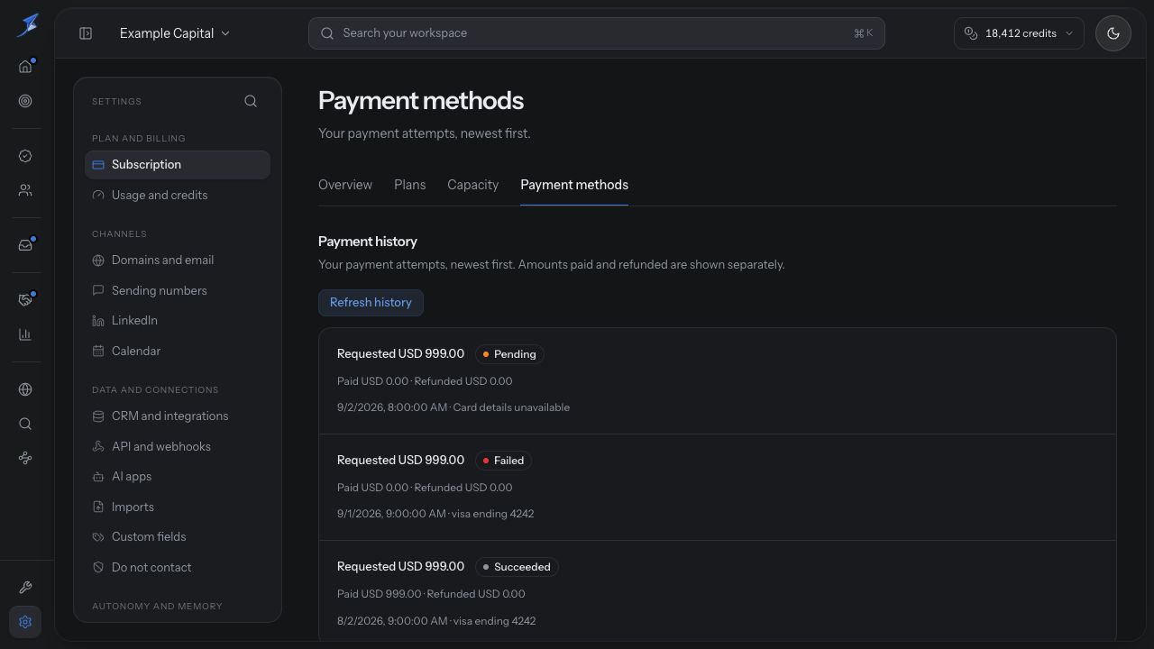 Payment history separates requested, paid and refunded amounts for pending, failed and succeeded records.
