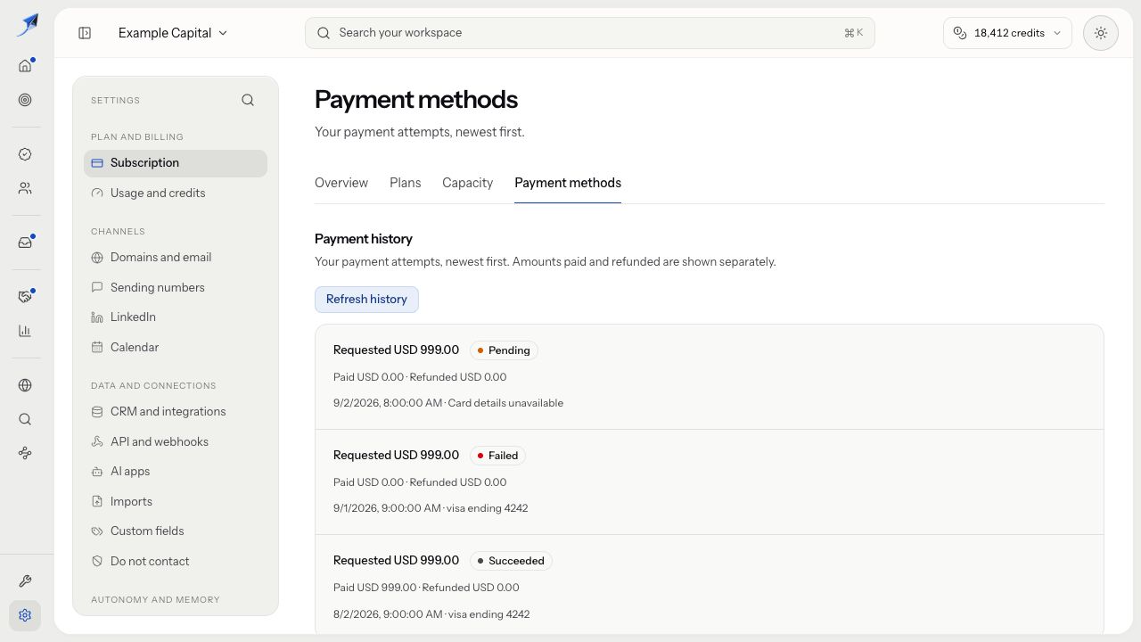 Payment history separates requested, paid and refunded amounts for pending, failed and succeeded records.