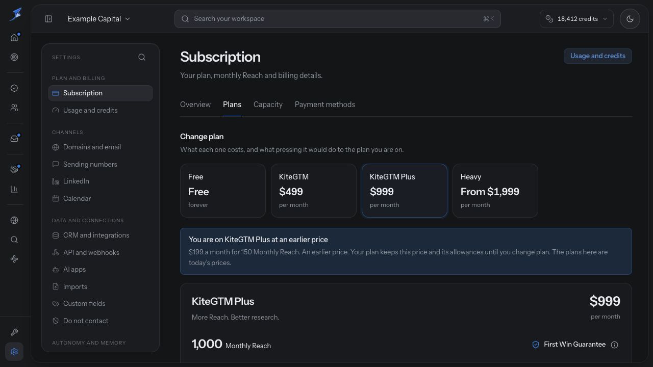 Plans shows paid plan choices, monthly prices, Reach and an earlier-price notice for the current subscription.