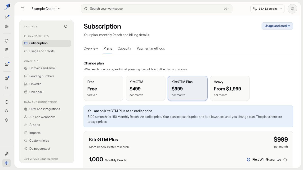 Plans shows paid plan choices, monthly prices, Reach and an earlier-price notice for the current subscription.