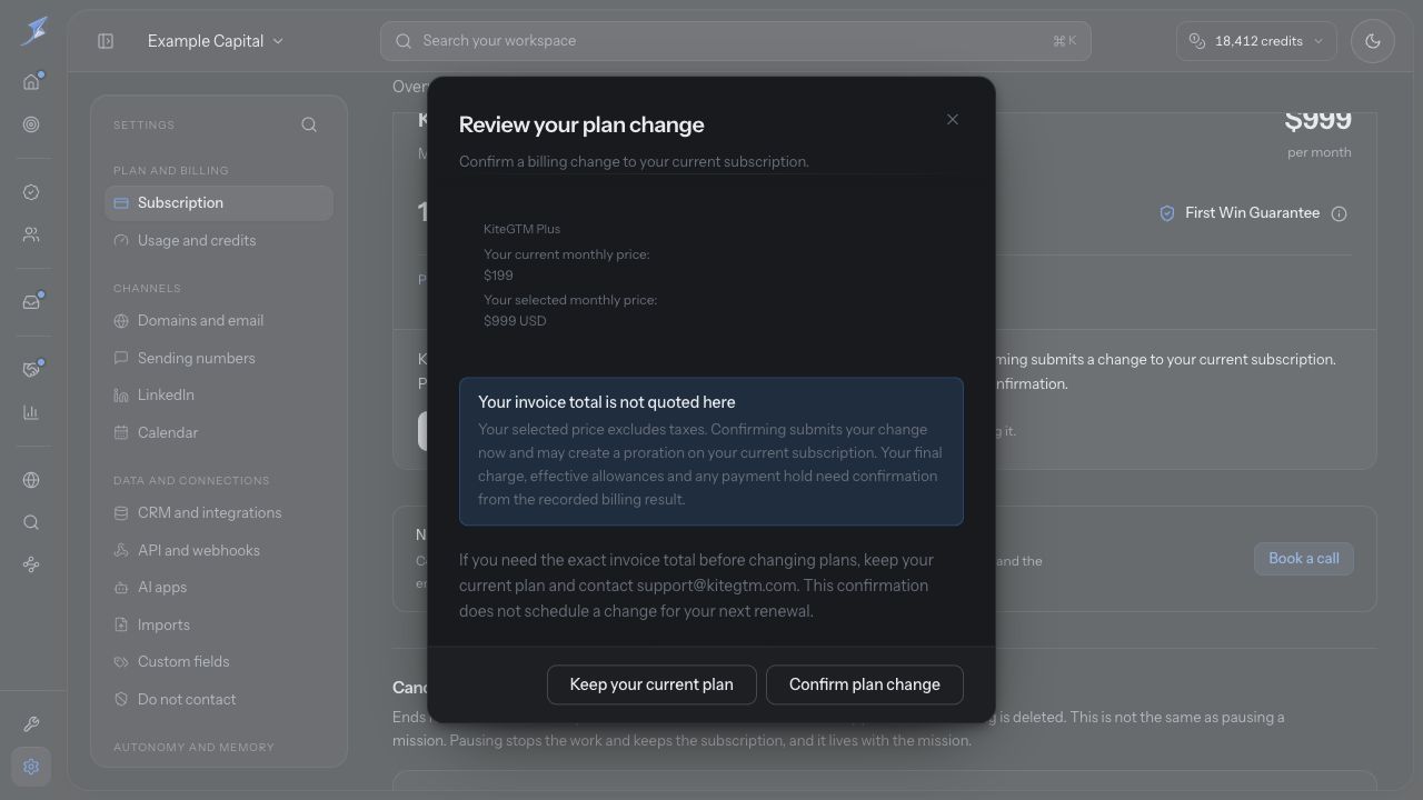 Review your plan change shows current and selected monthly prices, an unquoted invoice-total warning and Keep your current plan beside Confirm plan change.