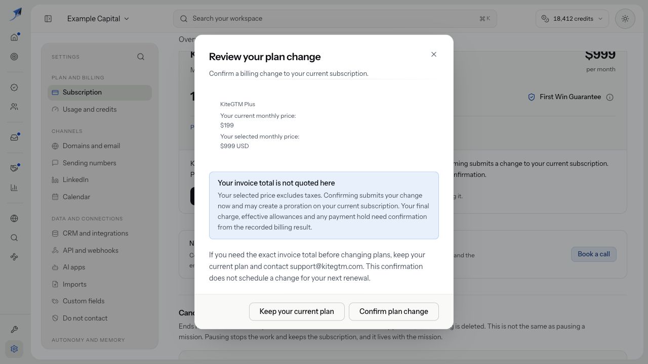 Review your plan change shows current and selected monthly prices, an unquoted invoice-total warning and Keep your current plan beside Confirm plan change.