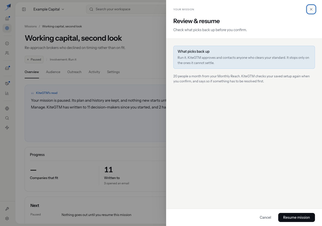 Resume confirmation shows the saved involvement and monthly allocation.