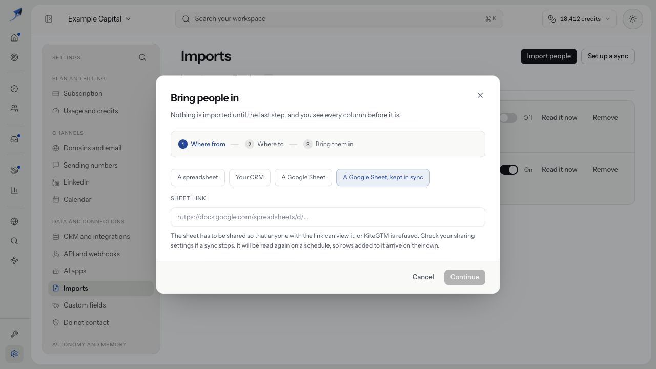 Set up a sync opens the Google Sheet kept-in-sync route with a link field and Cancel.