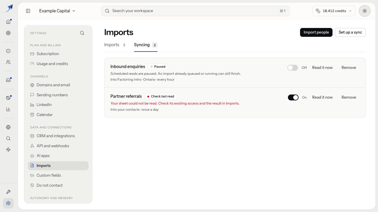 Syncing lists the saved destination, cadence, paused schedule and refused sheet read.