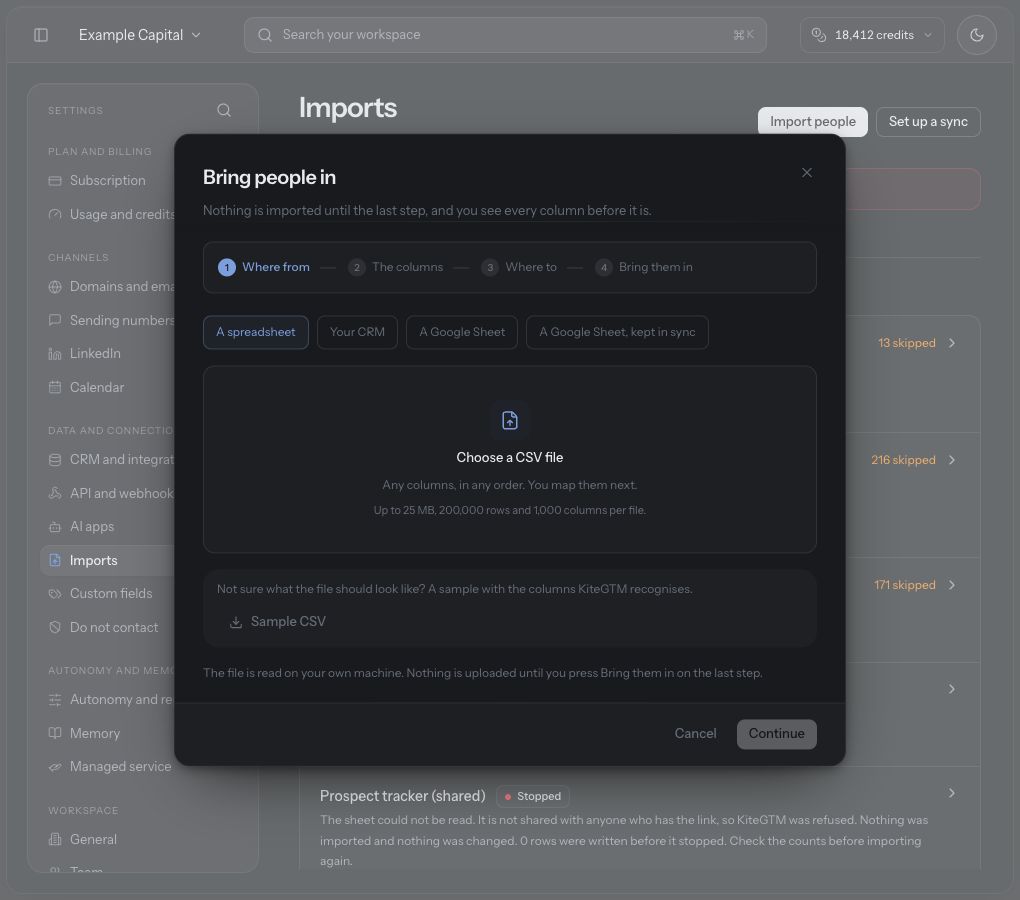 The file wizard opens on source selection with Continue disabled; no file is selected or import submitted.