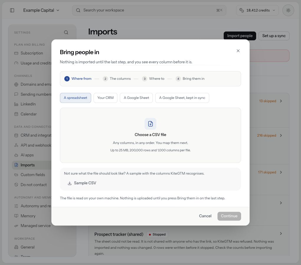 The file wizard opens on source selection with Continue disabled; no file is selected or import submitted.