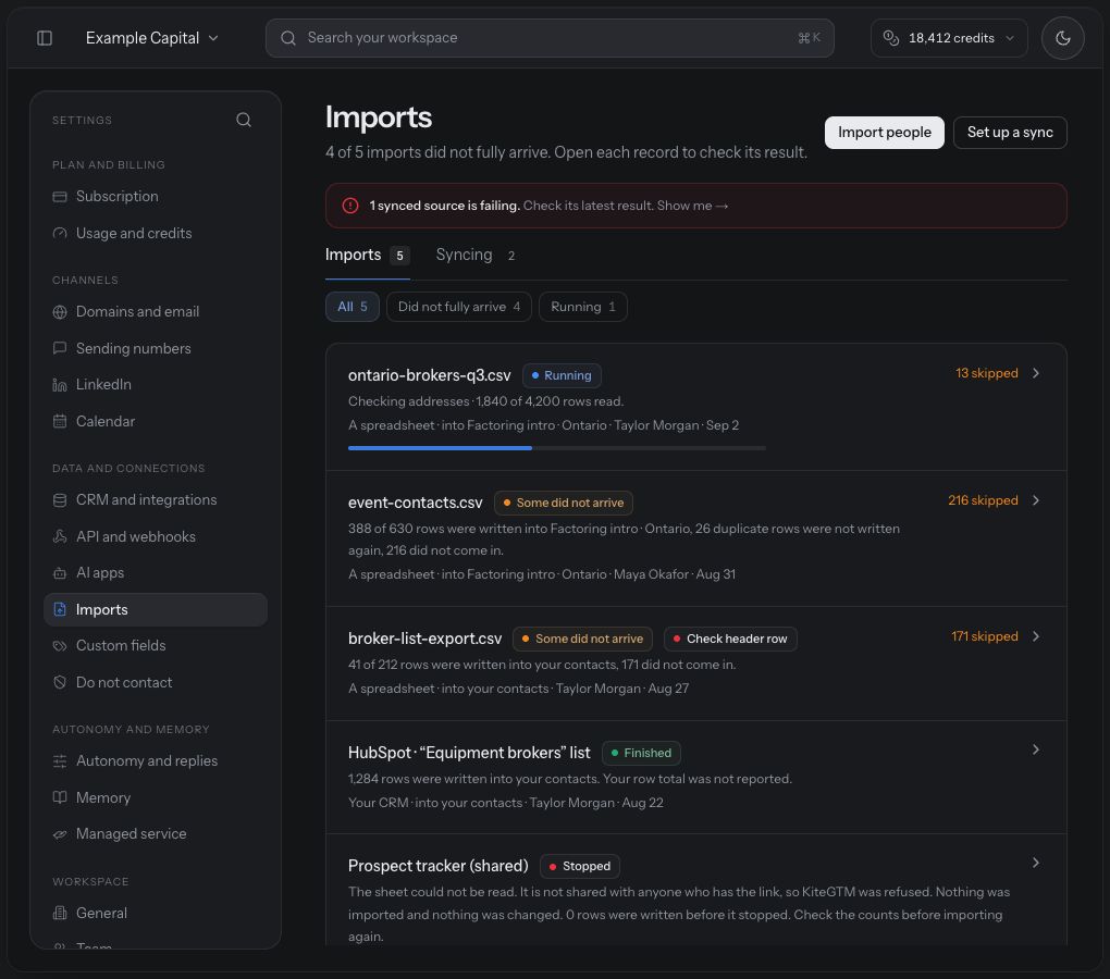 The Imports list shows source records and incomplete outcomes before another submission.