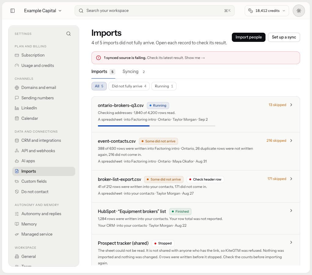 The Imports list shows source records and incomplete outcomes before another submission.