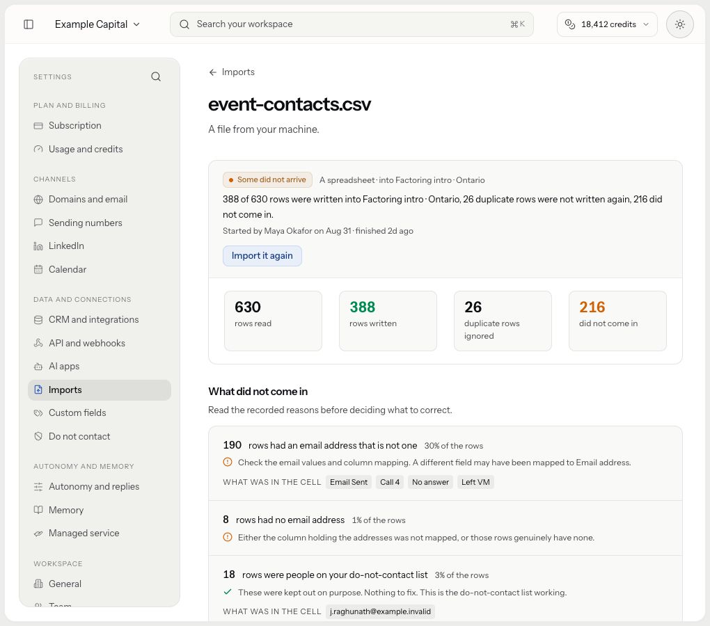 The partial CSV record reports 388 written rows, 26 parser duplicates and 216 rows that did not arrive, with distinct reasons.