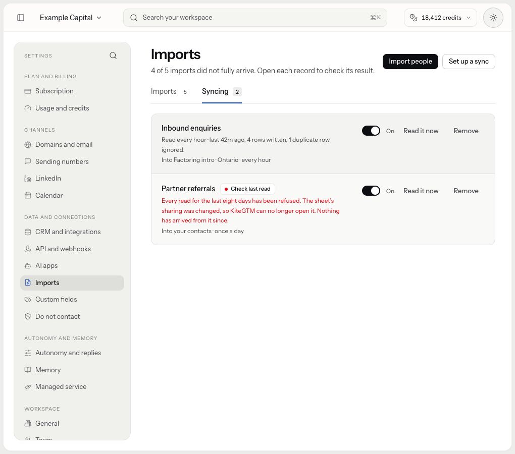 The Syncing view shows source schedules, destinations and a refused latest read; no schedule or re-read control is pressed.