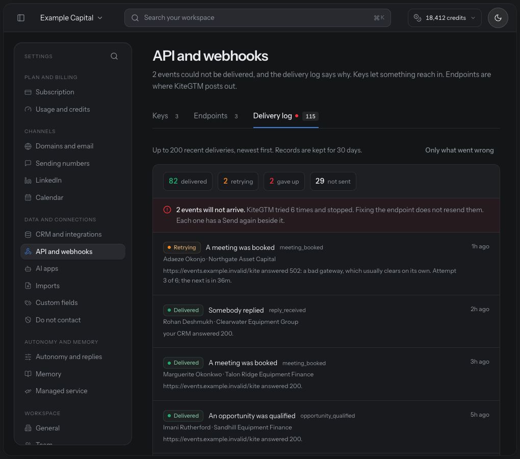 The Delivery log shows retained recent outcomes and a reserved webhook destination; no replay is pressed.