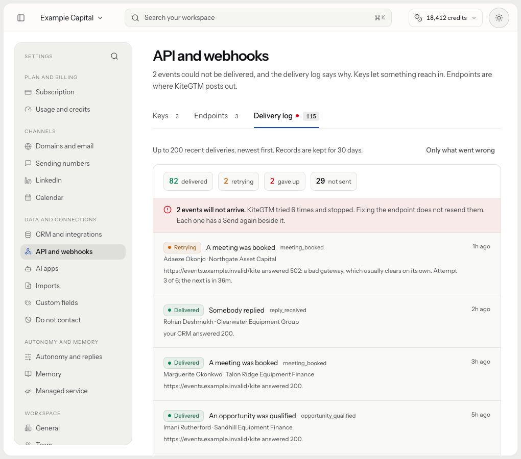 The Delivery log shows retained recent outcomes and a reserved webhook destination; no replay is pressed.