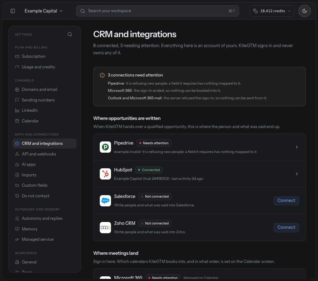 The integrations directory separates reported connected accounts from specific provider problems.