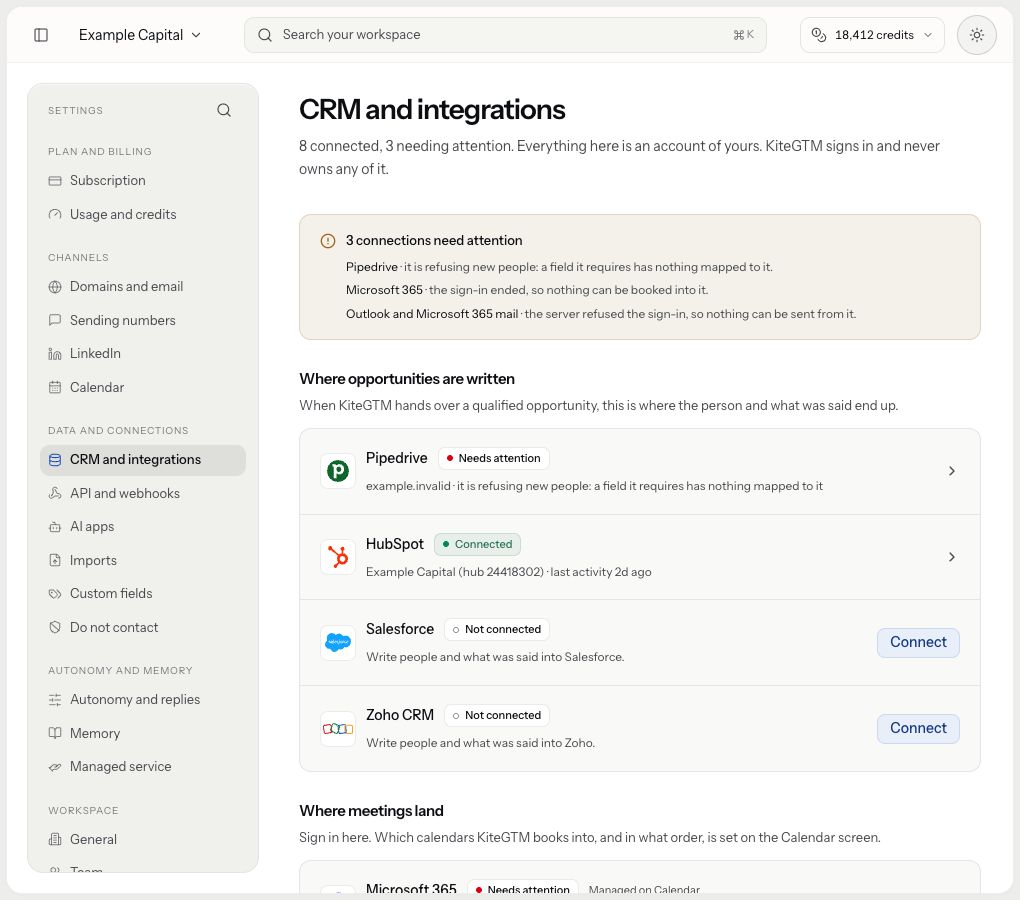 The integrations directory separates reported connected accounts from specific provider problems.
