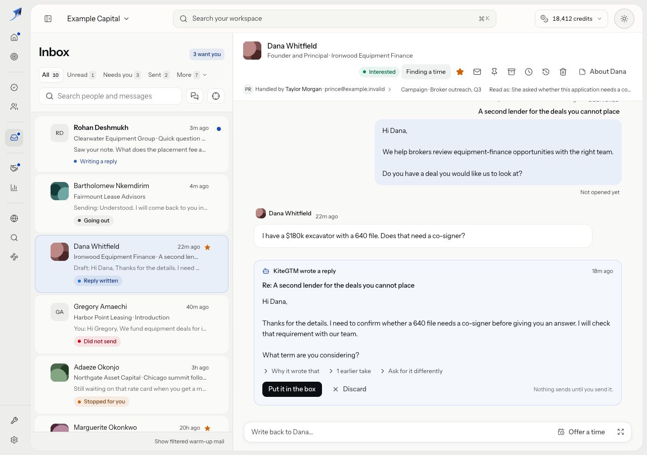 Inbox shows Dana’s co-signer question and a ready reply that keeps the requirement open.