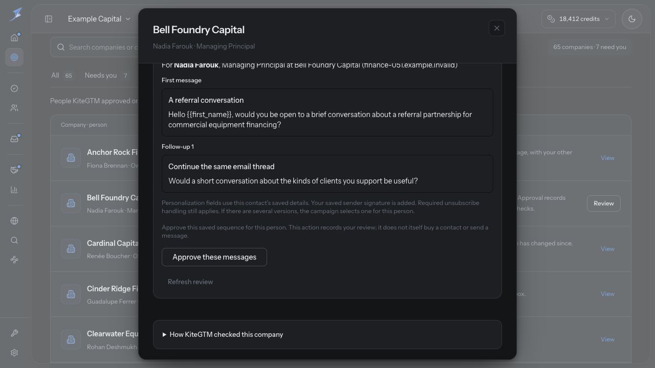 Bell Foundry Capital’s review identifies Nadia Farouk, shows the first email and follow-up, the approval boundary, Approve these messages and Refresh review. Nothing has been approved.