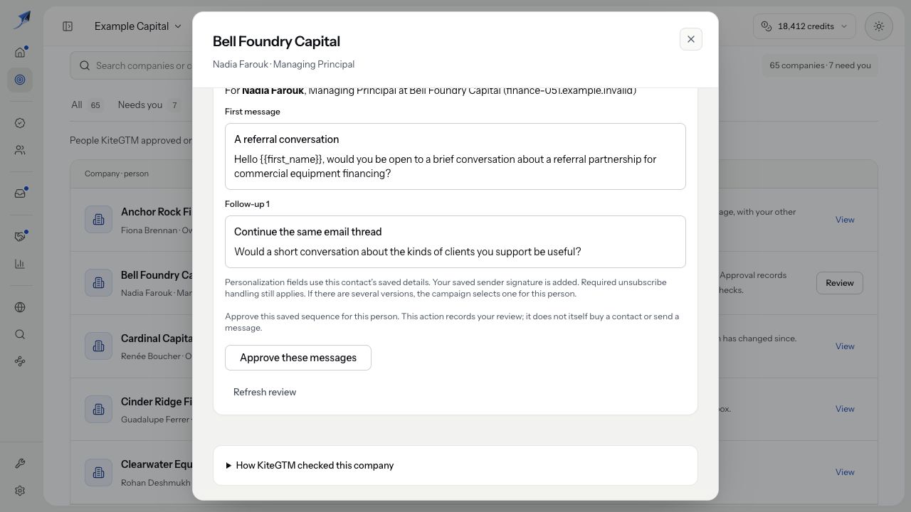Bell Foundry Capital’s review identifies Nadia Farouk, shows the first email and follow-up, the approval boundary, Approve these messages and Refresh review. Nothing has been approved.