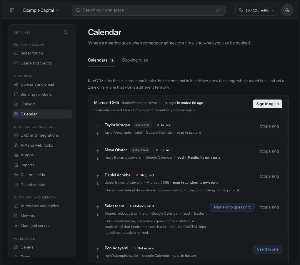 Calendar settings show selected Google calendars, a reported ended sign-in and a shared calendar without a named host.