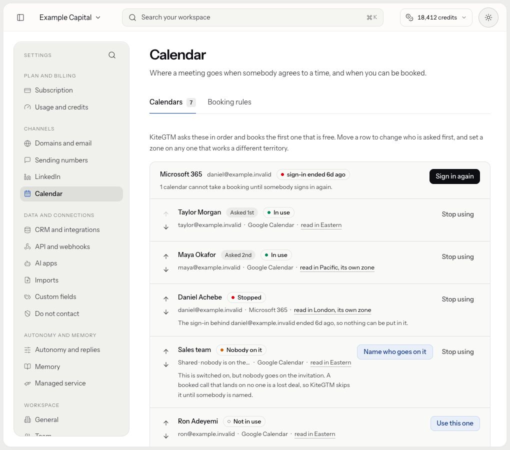 Calendar settings show selected Google calendars, a reported ended sign-in and a shared calendar without a named host.