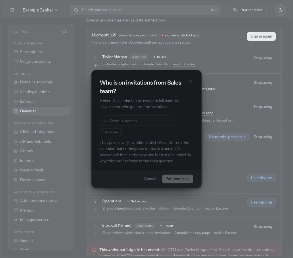 The shared-calendar host editor is open with no address entered; its confirmation remains disabled.