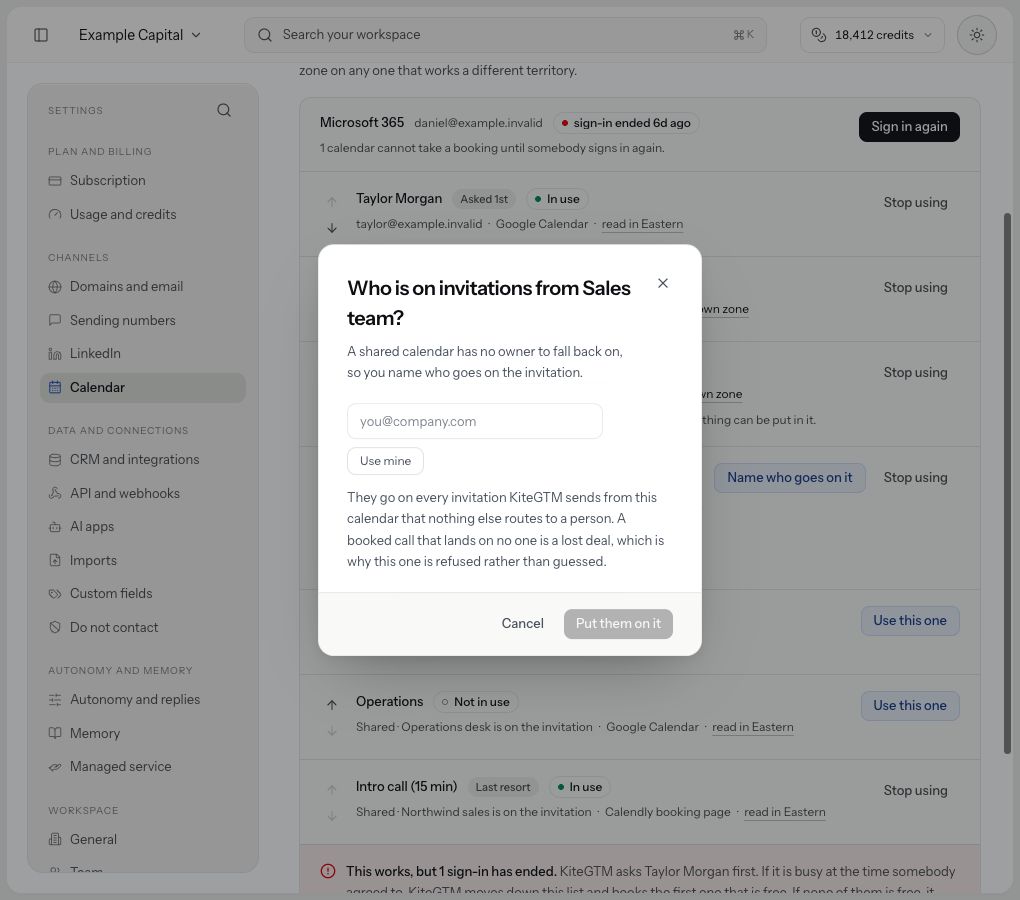 The shared-calendar host editor is open with no address entered; its confirmation remains disabled.