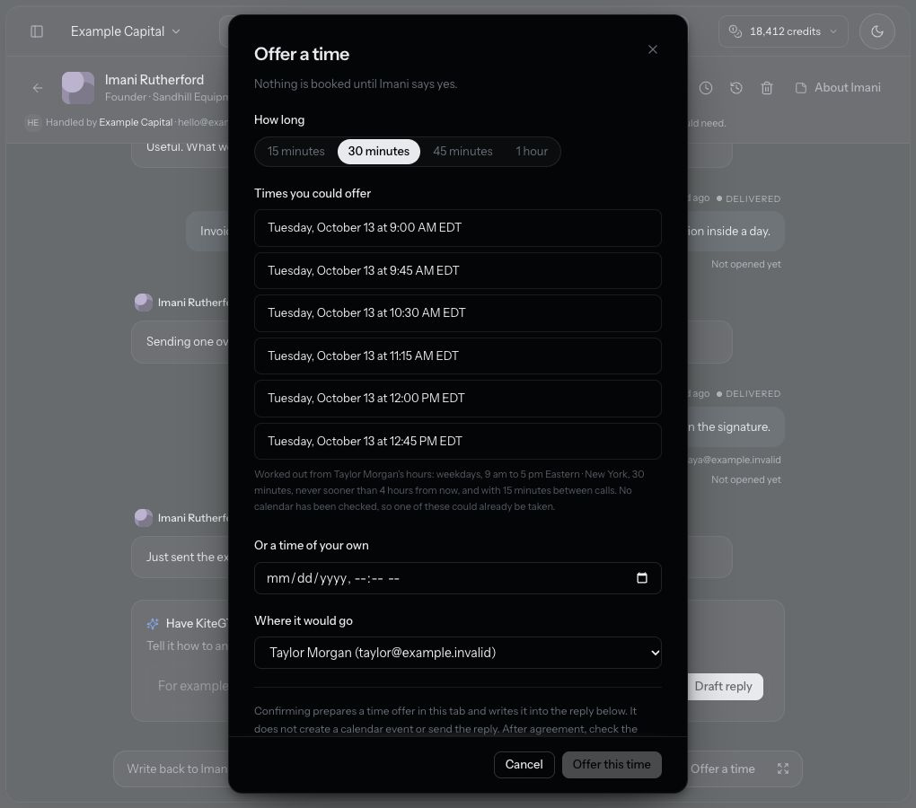 The offered-time picker explains that no calendar was checked and that confirmation creates neither an event nor a sent reply.