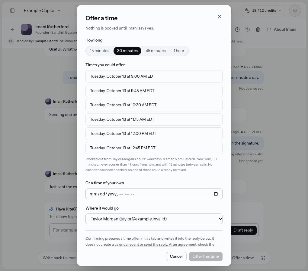 The offered-time picker explains that no calendar was checked and that confirmation creates neither an event nor a sent reply.