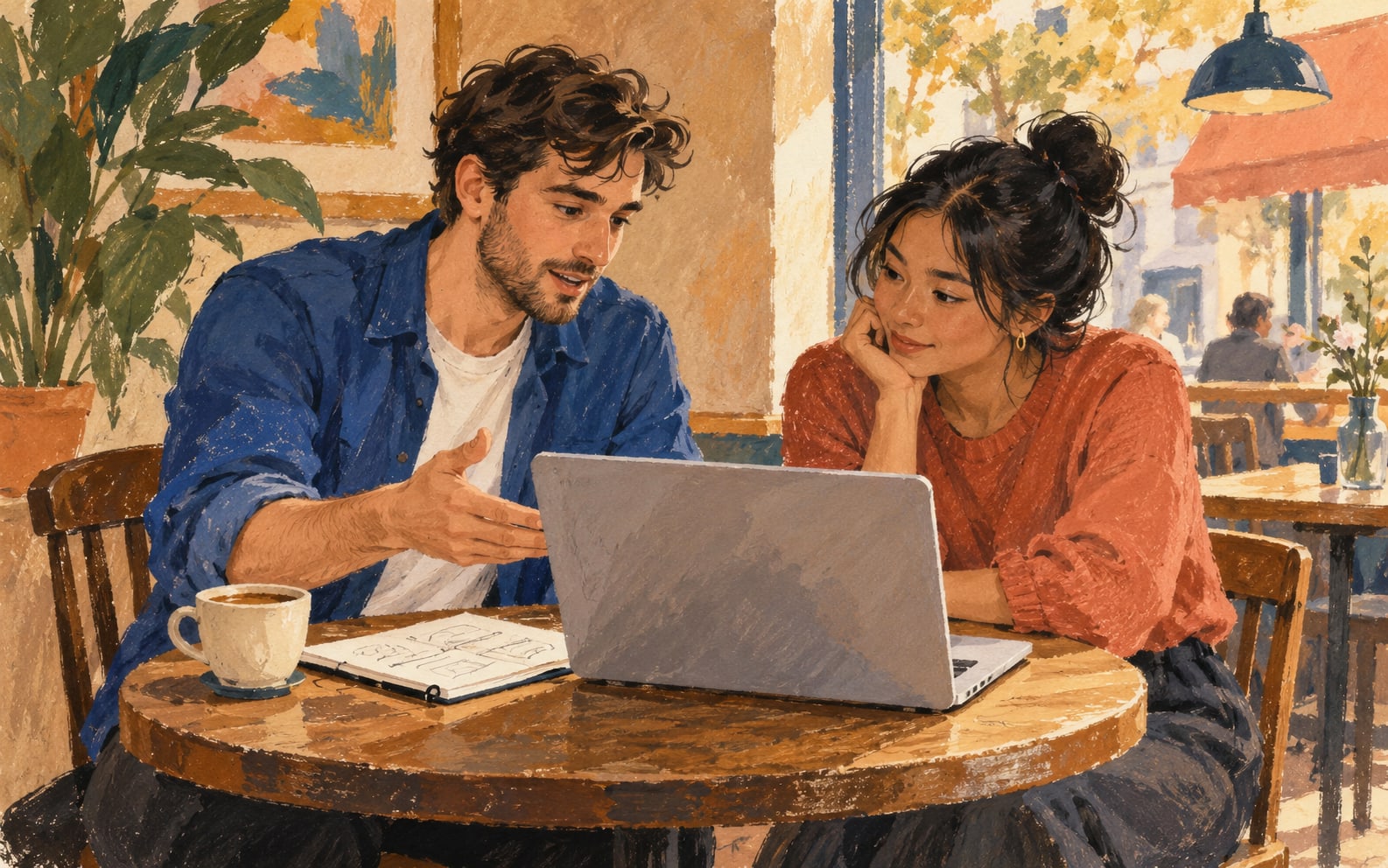 A founder discussing a simple offer with an early customer in a cafe.