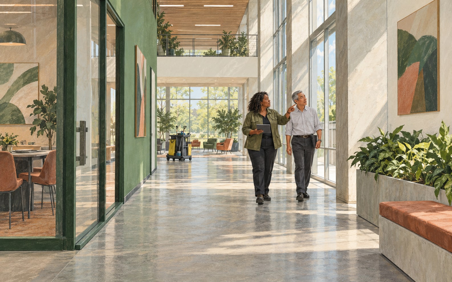 A service owner and facilities manager examining a workplace together.
