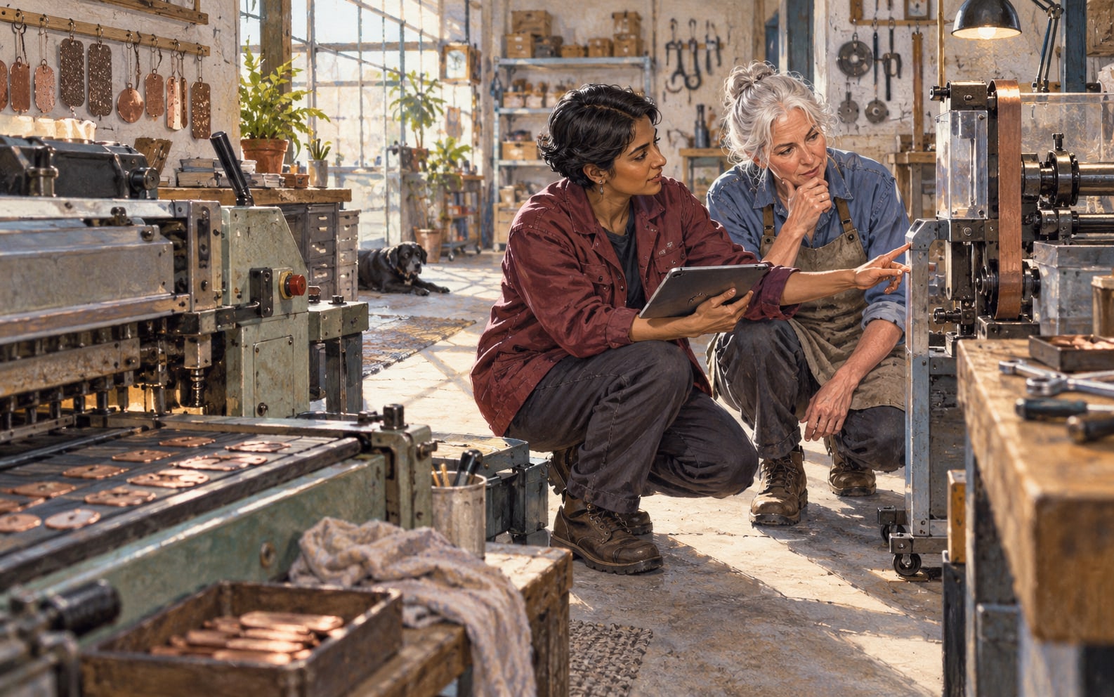 A technician and customer examining another useful job in a workshop.