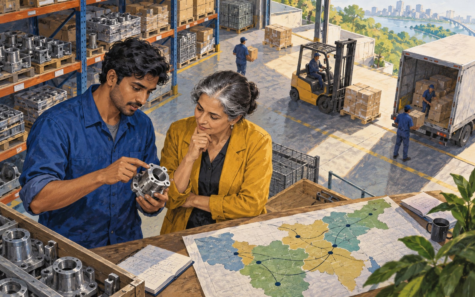 A manufacturer and distributor examining a component and a regional route to market.