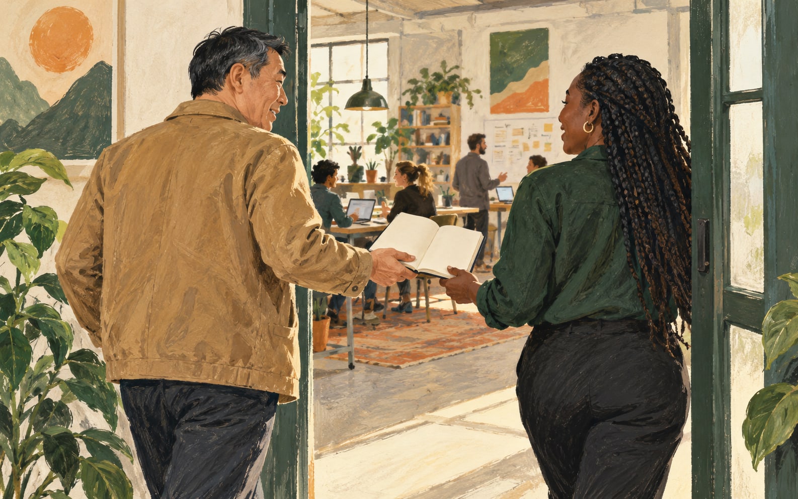 A founder handing a usable sales notebook to a new colleague.