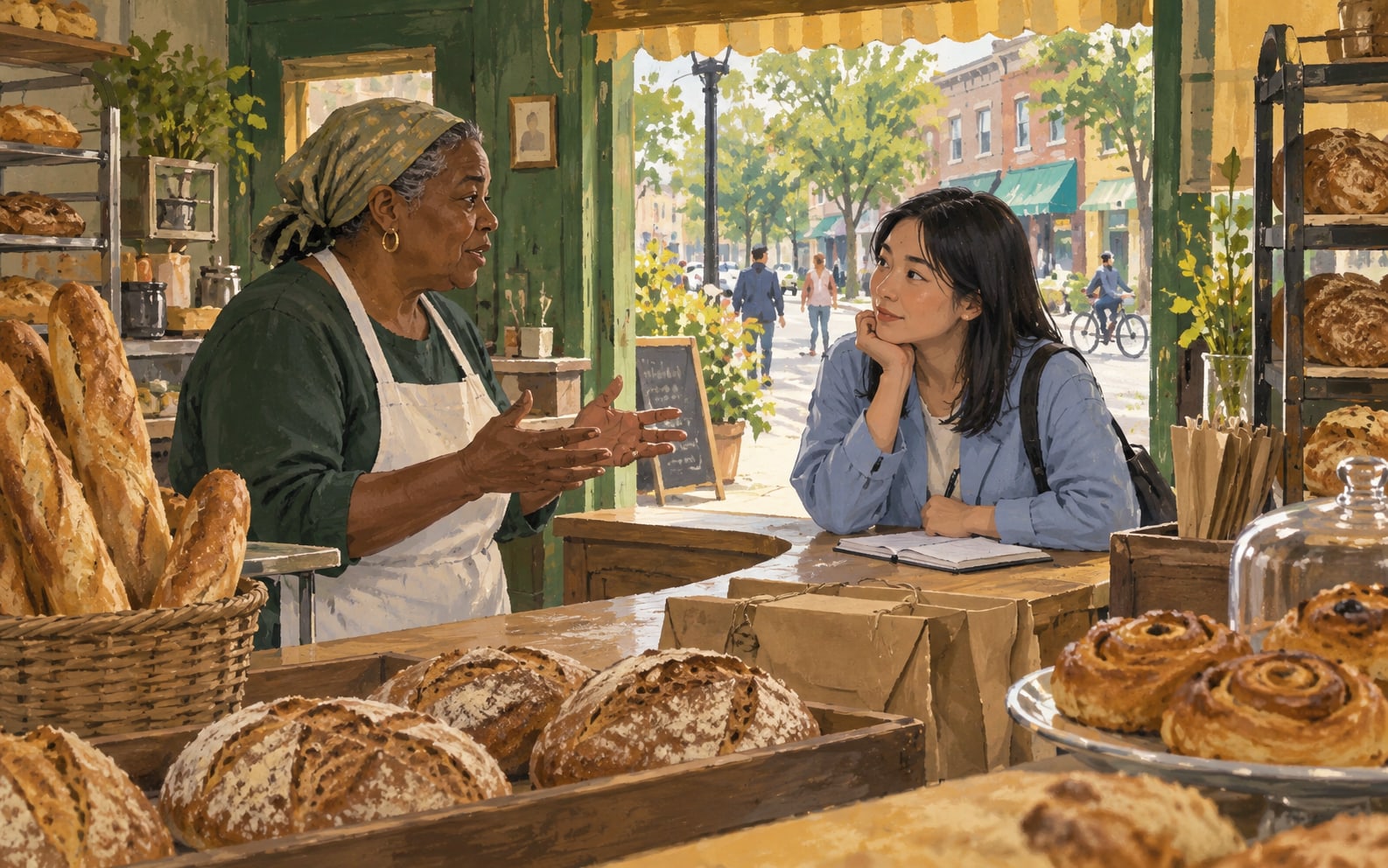 A designer listening to a small-business owner in her bakery.