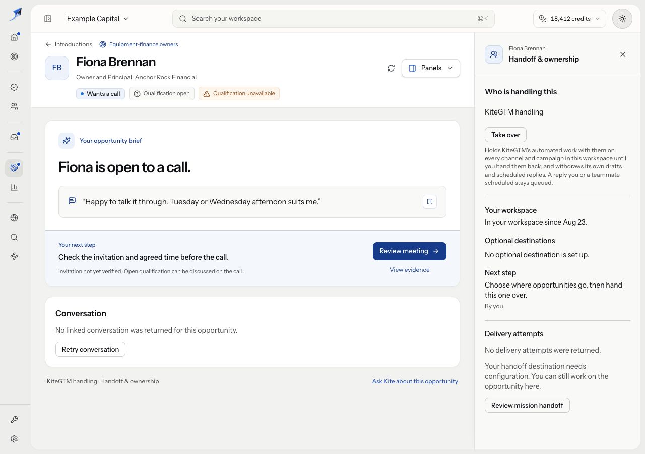 Fiona’s Handoff & ownership panel explains Take over and the exception for human-scheduled replies. The linked conversation is unavailable.