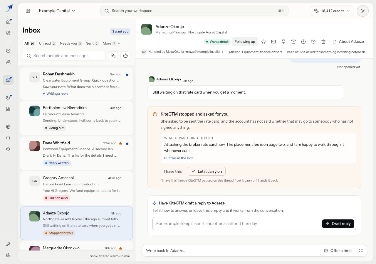 Adaeze’s Inbox decision banner shows its missing business permission, the held wording and separate acknowledgement and hand-back choices.