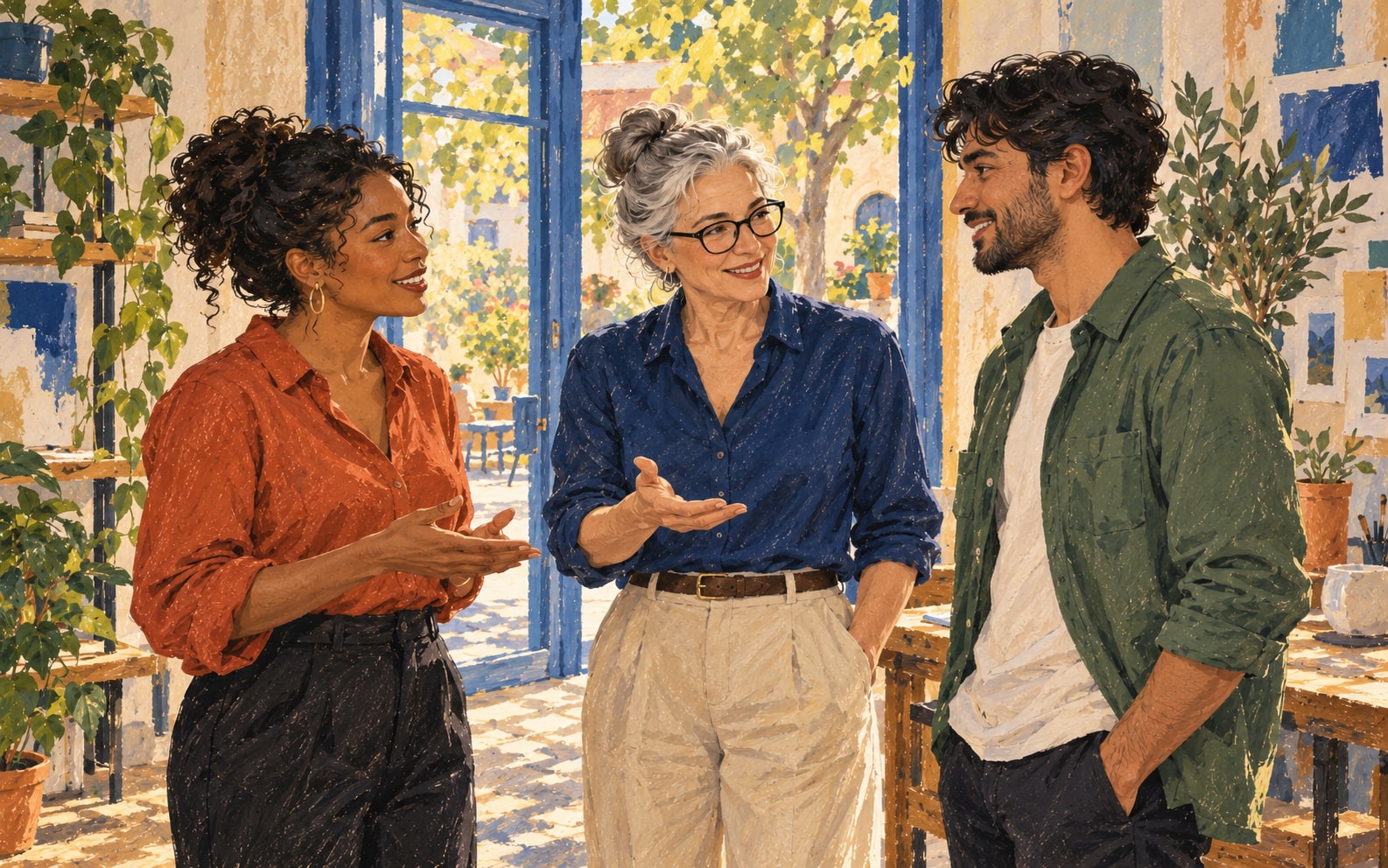 Three people making a warm introduction in a sunlit blue doorway, in a colourful editorial painting.